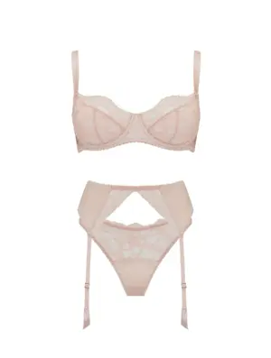 Signature Blush Lace Balcony Bra, Thong & Suspender Belt