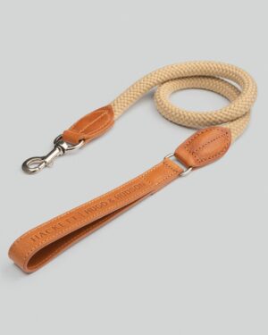 Natural Round Rope Dog Lead with Cognac Leather