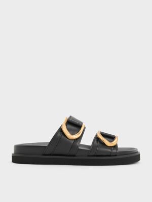 Charles & Keith - Gabine Gold-Buckle Leather Slides