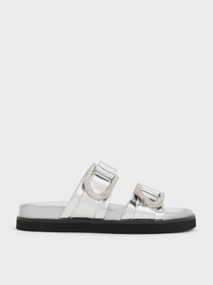 Charles & Keith - Gabine Crystal-Embellished Buckle Metallic Leather Slides