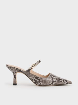 Charles & Keith - Snake-Print Buckle-Strap Heeled Mules