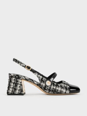 Charles & Keith - Aeryn Tweed Pearl-Embellished Slingback Pumps