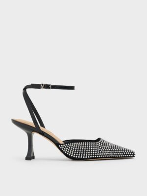 Charles & Keith - Leather & Suede Crystal-Embellished Sculptural-Heel Pumps
