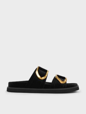 Charles & Keith - Gabine Velvet Gold-Buckle Slides