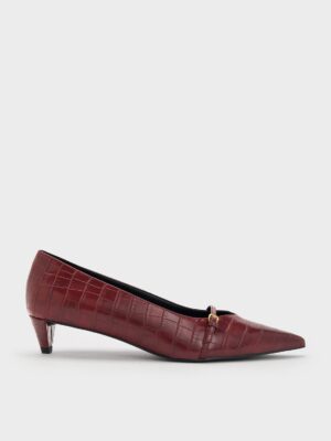 Charles & Keith - Croc-Effect Buckled Pointed-Toe Kitten-Heel Pumps
