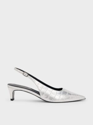 Charles & Keith - Croc-Effect Pointed-Toe Kitten-Heel Slingback Pumps