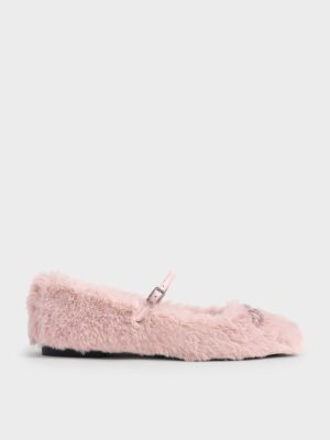 Charles & Keith - Bow Crystal-Embellished Furry Mary Janes