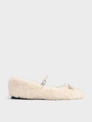 Charles & Keith - Bow Crystal-Embellished Furry Mary Janes