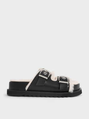 Charles & Keith - Hannah Furry Buckled Double-Strap Sandals