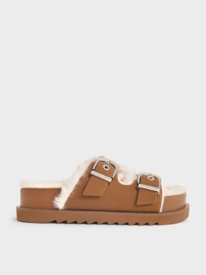 Charles & Keith - Hannah Furry Buckled Double-Strap Sandals