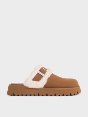 Charles & Keith - Hannah Textured Fur-Trim Buckled Mules