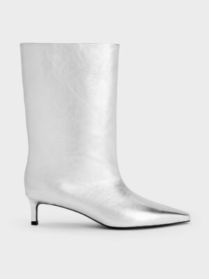 Charles & Keith - Metallic Elongated Tapered-Toe Kitten-Heel Calf Boots