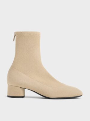 Charles & Keith - Faux Suede Stitch-Trim Heeled Ankle Boots