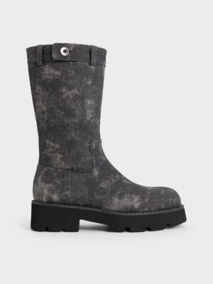 Charles & Keith - Denim Side-Zip Lug-Sole Calf Boots