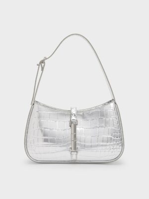Charles & Keith - Cesia Croc-Effect Metallic-Accent Shoulder Bag
