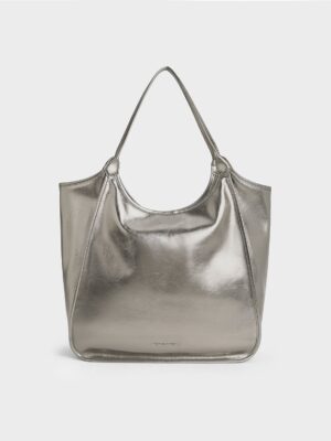 Charles & Keith - Sianna Metallic Crinkle-Effect Slouchy Tote Bag