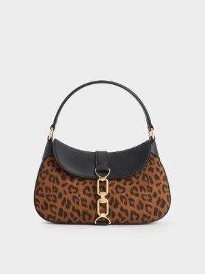 Charles & Keith - Agatha Leopard-Print Chain-Accent Hobo Bag