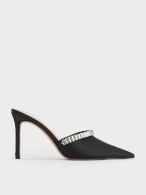 Charles & Keith - Satin Crystal-Embellished Pointed-Toe Heeled Mules