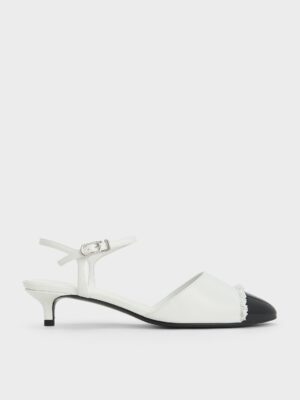 Charles & Keith - Pearl-Embellished Cap-Toe Kitten Heels