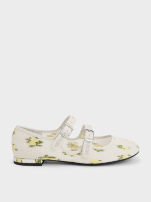 Charles & Keith - Mesh Floral-Print Double-Strap Mary Jane Flats