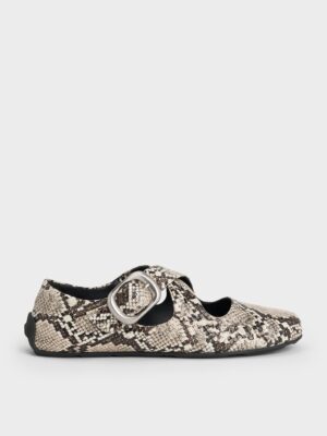Charles & Keith - Snake-Print Crossover-Strap Mary Janes