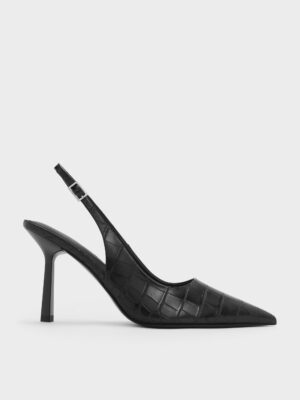 Charles & Keith - Croc-Effect Pointed-Toe Slingback Pumps