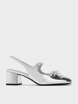 Charles & Keith - Metallic Bow Crystal-Pearl Slingback Mary Jane Pumps