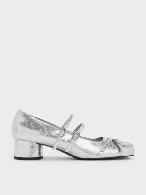 Charles & Keith - Janis Metallic Crinkle-Effect Double-Strap Mary Jane Pumps