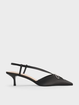 Charles & Keith - Recycled Polyester Crystal-Bow Kitten-Heel Slingback Pumps