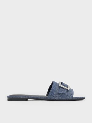Charles & Keith - Denim Gem-Buckle Square-Toe Slide Sandals
