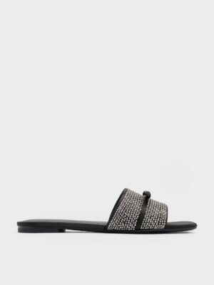 Charles & Keith - Satin Crystal-Embellished Bow Slide Sandals