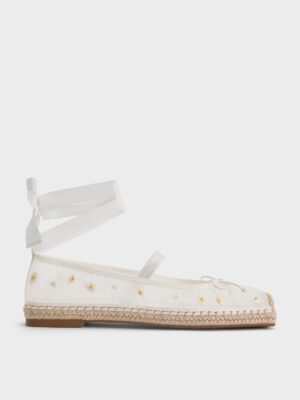 Charles & Keith - Bernadine Mesh Floral-Embroidered Tie-Around Espadrille Flats