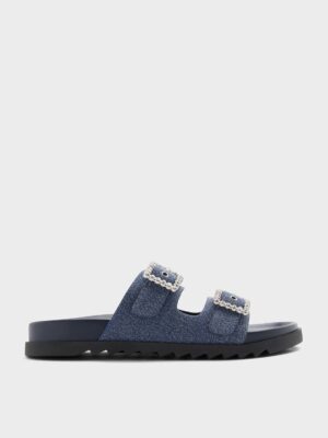 Charles & Keith - Denim Gem-Buckle Double-Strap Sandals