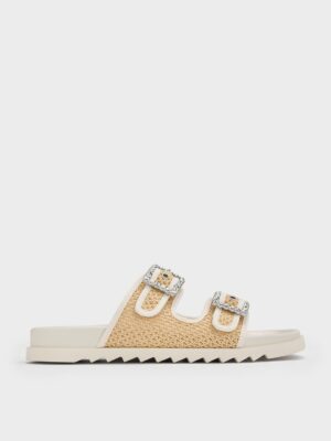 Charles & Keith - Raffia Gem-Buckle Double-Strap Sandals