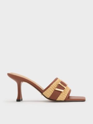Charles & Keith - Whitney Leather & Raffia Buckled Heeled Mules