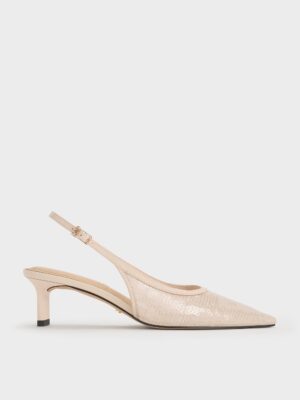 Charles & Keith - Sequin Mesh & Leather Slingback Kitten Heels