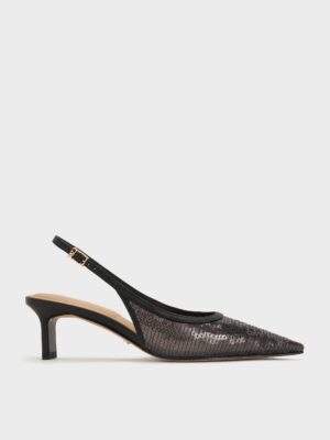 Charles & Keith - Sequin Mesh & Leather Slingback Kitten Heels