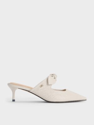 Charles & Keith - Jayce Crinkle-Effect Leather Knot-Bow Kitten-Heel Mules