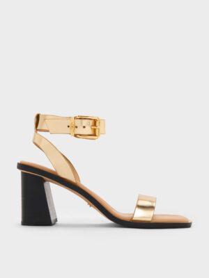 Charles & Keith - Metallic Leather Ankle-Strap Block-Heel Sandals