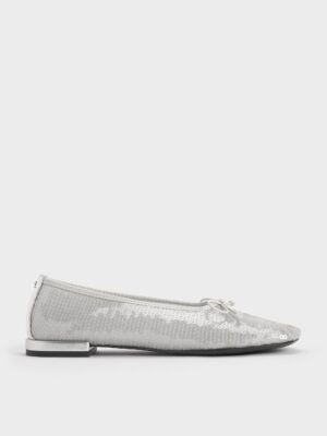 Charles & Keith - Sequin Mesh & Leather Bow Ballet Flats