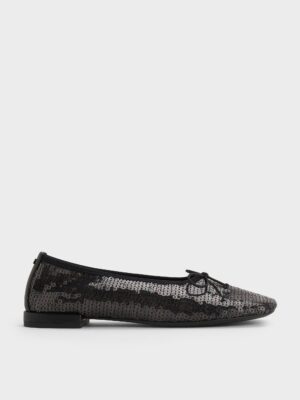 Charles & Keith - Sequin Mesh & Leather Bow Ballet Flats
