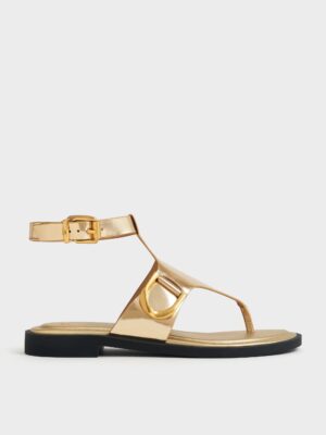 Charles & Keith - Gabine Metallic Leather Ankle-Strap Thong Sandals