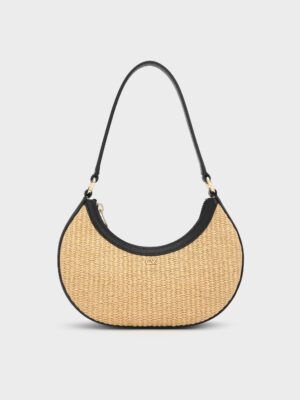 Charles & Keith - Leather & Raffia Crescent Hobo Bag