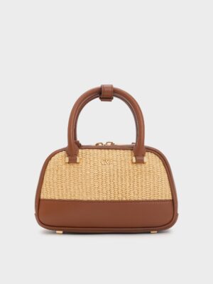 Charles & Keith - Leather & Raffia Bowling Bag