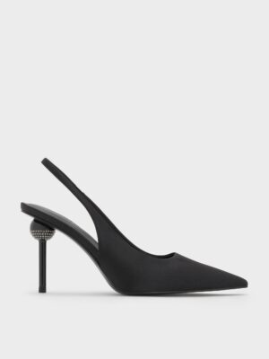Charles & Keith - Satin Crystal-Embellished Ball-Heel Pointed-Toe Slingback Pumps