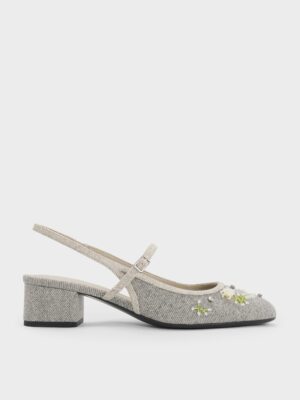 Charles & Keith - Twill Bead-Flower Block-Heel Slingback Mary Jane Pumps