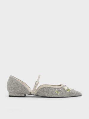 Charles & Keith - Twill Bead-Flower Pointed-Toe D'Orsay Mary Jane Flats