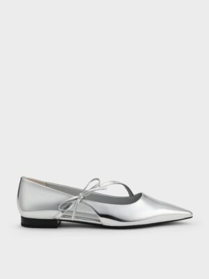 Charles & Keith - Metallic Pointed-Toe Bow-Strap Flats