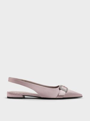 Charles & Keith - Satin Crystal-Buckle Pointed-Toe Slingback Flats