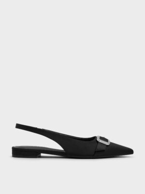 Charles & Keith - Satin Crystal-Buckle Pointed-Toe Slingback Flats